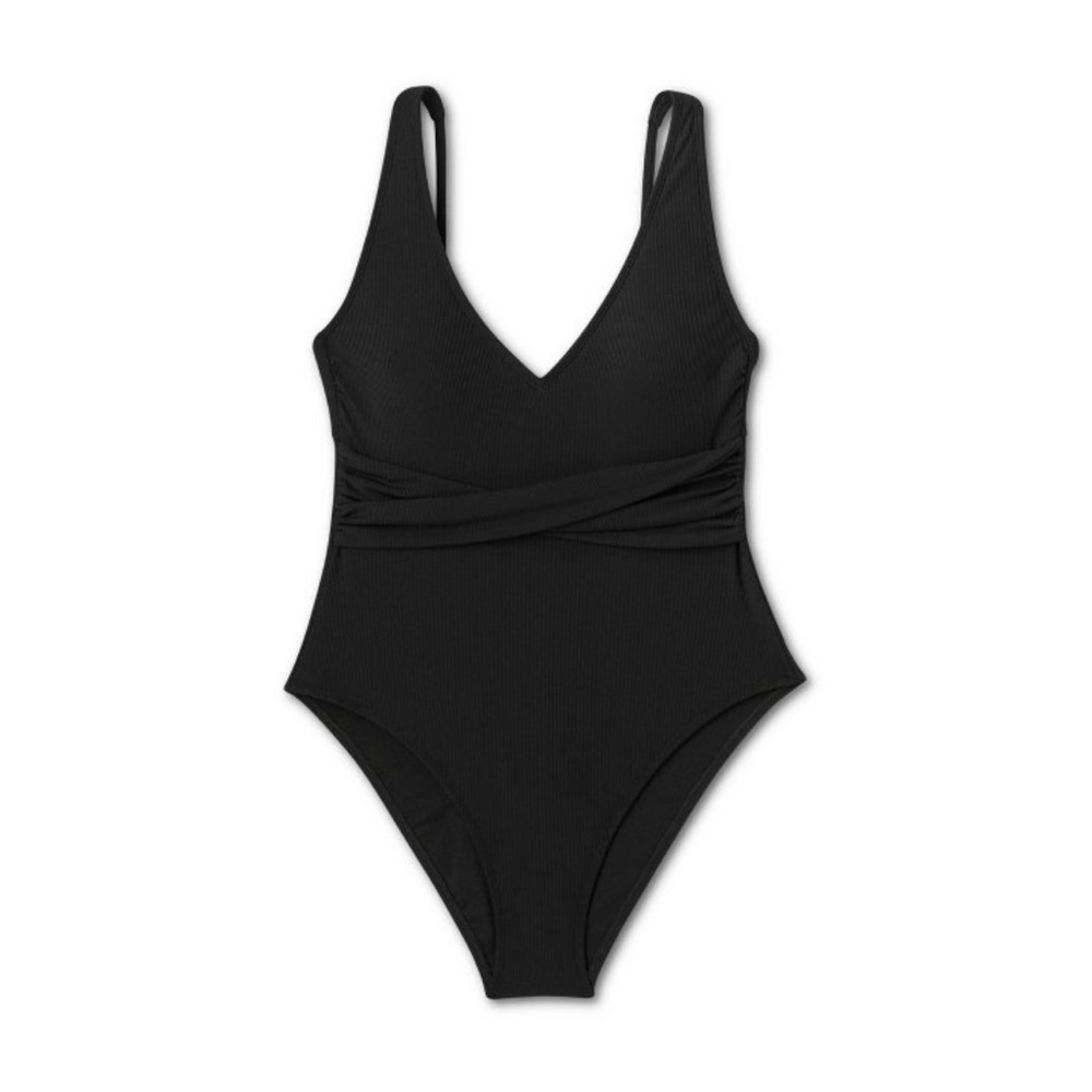 Women's Ribbed Plunge Twist-Front One Piece Swimsuit - Shade & Shore™ Black S